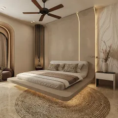 We believe in design that soothes the senses. This bedroom embodies a raw, rustic calm, featuring a floating platform bed with integrated lighting, earthy textures, and a palette of soft, natural tones to create a grounded and serene retreat.