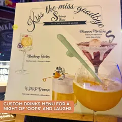 A custom drinks menu for a night of 'oops' and laughs. For the "Last Walk of Shame" bachelorette, we created a personalized menu with fun cocktail names to match the theme.