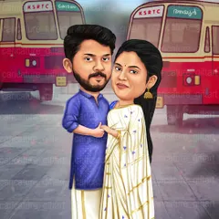 For this couple, the iconic red KSRTC bus was a meaningful part of their story. I created this unique wedding invitation background to include that special memory, making it a true reflection of their journey.