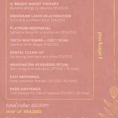 I have thoughtfully curated the Ananta Edit, a complete bridal wellness package that covers everything from skin radiance and smile design to deep relaxation. This plan provides a clear roadmap to your bridal glow, combining my best treatments at a special value.