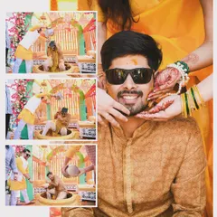 A fun collage from the groom's Haldi ceremony. It captures the candid moments of the ritual, from friends applying turmeric paste to the groom's smiling reaction, showcasing the joyful chaos of the celebration.