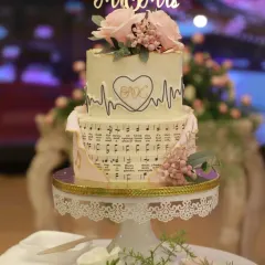 This cake is a perfect example of how I bake your story into a design. Created for a doctor and a musician, the top tier features a heartbeat EKG line, while the bottom tier is wrapped in edible sheet music, blending their two passions perfectly.