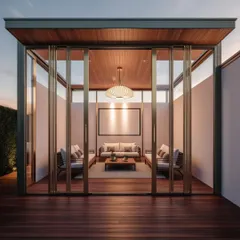 This elegant glasshouse at dusk shows how lighting can transform the space. The clean lines and symmetrical design create a sense of calm and order.