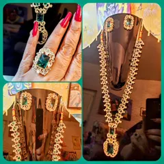 Inspired by timeless royal jewellery, this emerald and diamond set is a showstopper. The necklace, earrings, ring, and matching tikka can be purchased together or separately to complete your destination wedding look.