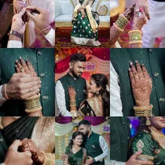 A comprehensive collage of an engagement ceremony, capturing the ring exchange, hand details with mehndi, and romantic couple portraits.