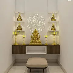 A compact and serene pooja unit designed for a small niche. It features a backlit 'Om' mandala, tiered shelving for idols, and a floating two-tone cabinet for storing pooja essentials.