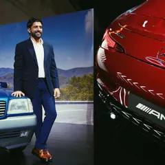 Brand ambassador Farhan Akhtar posing with a classic Mercedes, juxtaposed with a detailed shot of the new AMG's rear design. This shows how I can create images that connect a brand's heritage with its future.