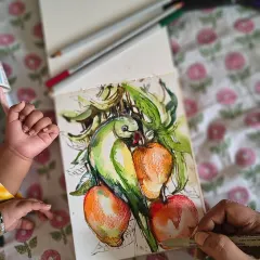 A super quick sketch of a parrot and mangoes, done for Ugadi while my little one was napping. Even a few minutes with my sketchbook is enough to recharge my creative batteries.