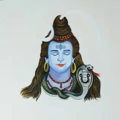 A serene portrait of Lord Shiva, painted with acrylics on paper for Mahashivratri. This piece focuses on his calm, meditative aspect, complete with the crescent moon and serpent.