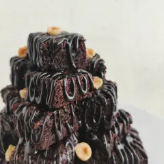 Another angle of the delicious Brownie Tower. Each brownie bite is perfectly rich and chocolatey.