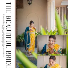 A collage celebrating the Maharashtrian bride in her bright yellow saree, capturing her playful and happy moments before the ceremony.
