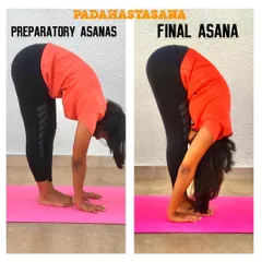 A demonstration of the preparatory and final stages of Padahastasana. This forward bend stretches the entire back of the body and stimulates abdominal organs to improve digestion.