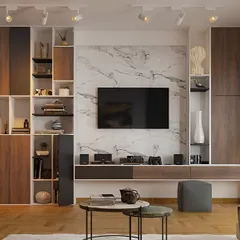 We created a sophisticated living area with this floor-to-ceiling entertainment and storage unit. The design features a stunning marble-finish backdrop for the TV, surrounded by a combination of wood-paneled closed cabinets and open shelving for versatile storage.