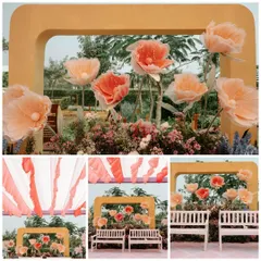 A mood board of a quirky and colorful Haldi ceremony. We used giant paper flowers and pastel drapes to create a whimsical, photogenic space that was anything but basic.