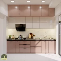 A 3D render of an L-shaped modular kitchen in a beautiful two-tone acrylic finish. We use these designs to help clients visualize the final look, including the placement of the chimney, hob, and sink.