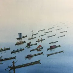 Suchendra's paintings often function as satirical social commentaries. This work, showing a flotilla of boats carrying modern life's objects, provides a space for thought and debate about progress and tradition.