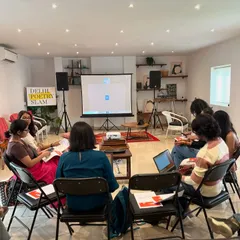 A glimpse into a hybrid workshop session at our Connaught Place studio. We keep our groups small and intimate, ensuring every writer gets personalized attention from mentors, whether you join us in-person or online.