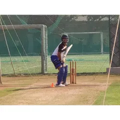 Indian team player Shubman Gill getting into his stance during a net session at our academy. Our players get to see firsthand the focus and preparation that goes into performing at the international level.