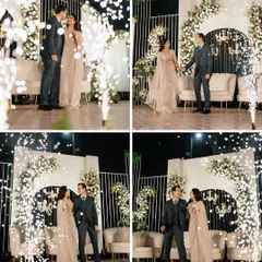 A collage of magical moments from the reception, from the couple's first dance to their grand entry amidst sparkling fireworks. Every detail was planned for maximum impact.