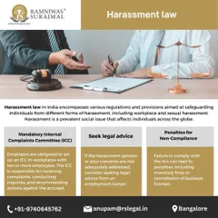 Harassment law in India includes regulations to safeguard individuals from various forms of abuse. Employers with ten or more employees must have an Internal Complaints Committee (ICC) and face penalties for non-compliance.