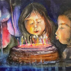 Birthdays are always special, and I loved painting this moment of pure joy as children blow out their birthday candles. This watercolor captures the magic and excitement of celebration.