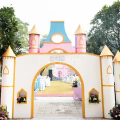 A fairytale entrance for our Disneyland event. We constructed a large castle gate to welcome guests, immediately immersing them in the magical theme of the party.