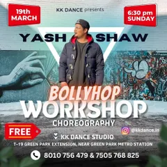 An announcement for a free BollyHop workshop with guest artist Yash Shaw. We often host free or special events to welcome new dancers into our community.
