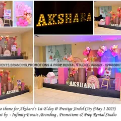 A dreamy boho theme for Akshara's first birthday. This setup features a beautiful arrangement of pink and earthy tones, with pampas grass, rainbow props, and themed cylinder tables.