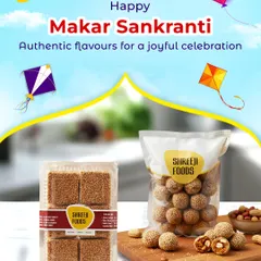 For Makar Sankranti, I offer these traditional treats. The image shows my Til Chikki squares and Til Ladoos, both made with sesame seeds and peanuts, packed and ready for your festival celebrations.