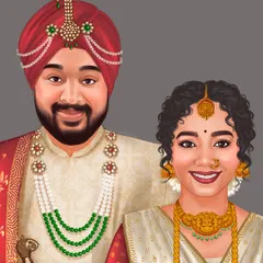 A close-up digital portrait of the happy couple. Capturing their smiles and the fine details of their jewelry and clothing is my favorite part of creating these personalized wedding illustrations.