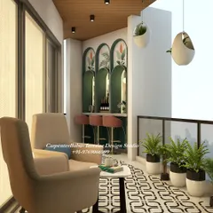 This balcony includes a stylish mini-bar with arched mirrors and bar stools, making it an ideal space for hosting friends.