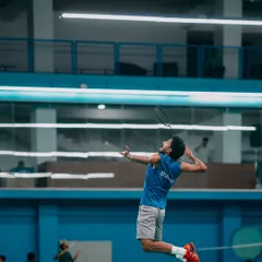 A perfect jump smash in the making. This action shot showcases the power and technique we cultivate in our players at our Olympic-grade facility.