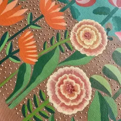 A close-up of the warm tones in this floral painting. The dotted texture in the background adds a subtle layer of detail and depth.