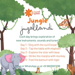 This poster details our five-day 'Jungle Jugalbandi' expedition, where each day is dedicated to exploring a new instrument, from the surli koyal's song to the beats of the tabla and the melody of the bansuri.