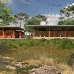 An exterior rendering of the 'Sanctuary' proposal, showing the use of local materials and a design that is responsive to the climate with large roof overhangs and natural ventilation.