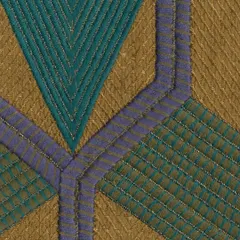 A macro view of a sculpted jacquard fabric from Élitis. The intricate stitching and interplay of teal, purple, and gold threads create a geometric pattern with incredible depth and tactile appeal, showcasing true textile artistry.