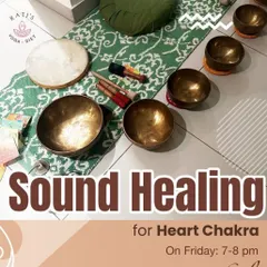 A close-up of the tools we use for our Heart Chakra Sound Healing sessions, including Tibetan singing bowls and a shamanic drum, all set up for an evening of emotional release and balance.