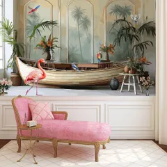 A whimsical and imaginative wallpaper mural depicting a boat indoors, surrounded by tropical plants and birds. A truly unique and creative design.