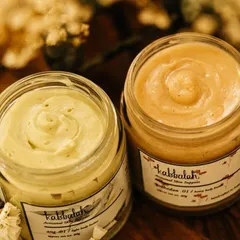 A look at two of my artisanal body butters. They are designed to soothe dry skin, reduce the appearance of stretch marks, and can even be used to calm freshly shaved skin.