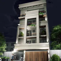 A night view rendering of a classic residential facade, showcasing how tailored lighting enhances the architectural details. The design balances vertical massing with intricate elements to create a sense of timeless opulence.