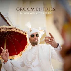 An epic groom entry for a royal wedding. This collage showcases different styles, from the groom dancing with swagger under a traditional umbrella to arriving like a king with his entourage.