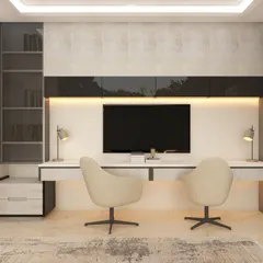 A sleek and modern study area with a floating desk and overhead cabinets. The design uses a sophisticated black and white color palette with concrete-textured panels, creating a focused and stylish workspace for two.