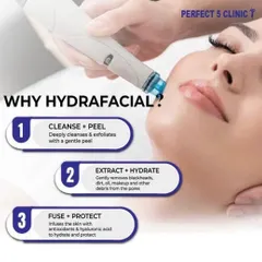 Why choose Hydrafacial? This visual breaks down the three essential steps: Cleanse + Peel, Extract + Hydrate, and Fuse + Protect, which work together to give you the best skin of your life.