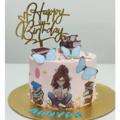 A perfect cake for a book lover. This chocolate truffle cake is decorated with edible images of books, a reading girl, and beautiful blue butterflies.