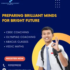 Preparing brilliant minds for a bright future. This poster lists our core offerings, including CBSE coaching, Olympiad training, Abacus, and Vedic Maths.