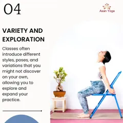 An infographic on the benefits of joining a class: discovering a variety of styles, poses, and variations you might not find on your own.