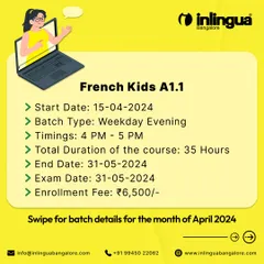 Here are the enrollment details for our French Kids A1.1 program. This image outlines the key information for the weekday evening batch, including the start date, timings, course duration, and fee, making it simple for parents to sign their children up.
