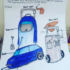 This is a student's product design concept for a smart travel bag, created as part of their UCEED and CEED exam preparation. We work on developing innovative ideas and presenting them clearly through technical drawings, focusing on functionality and user-centered design.