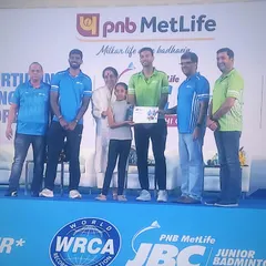 Our player Akshita receiving her award after securing 3rd place in the U-11 Girls Singles category at the PNB Metlife JBC Badminton Championships.