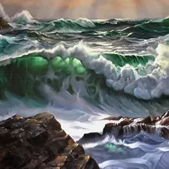 A closer look at one of my oil on canvas seascapes. I focused on capturing the translucent quality of the wave as the light shines through it, contrasting with the dark, solid rocks.